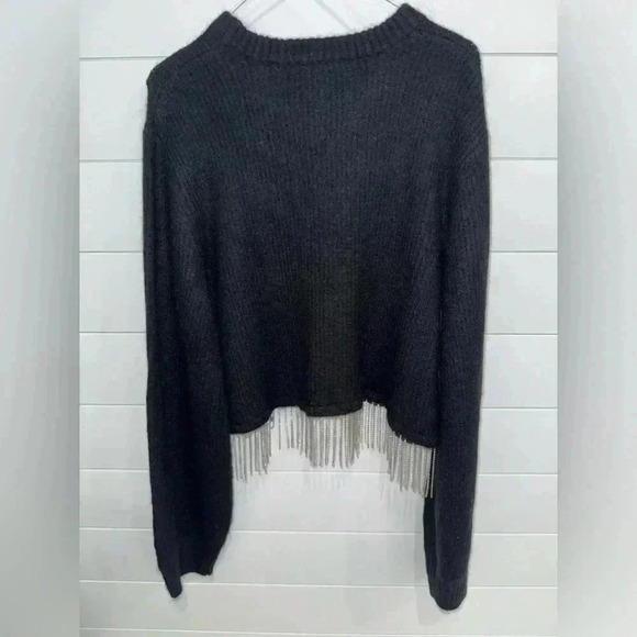 House Of Harlow 1960 Black Wool Mohair Blend Crop Sweater Rhinestone Fringe - Picture 3 of 5